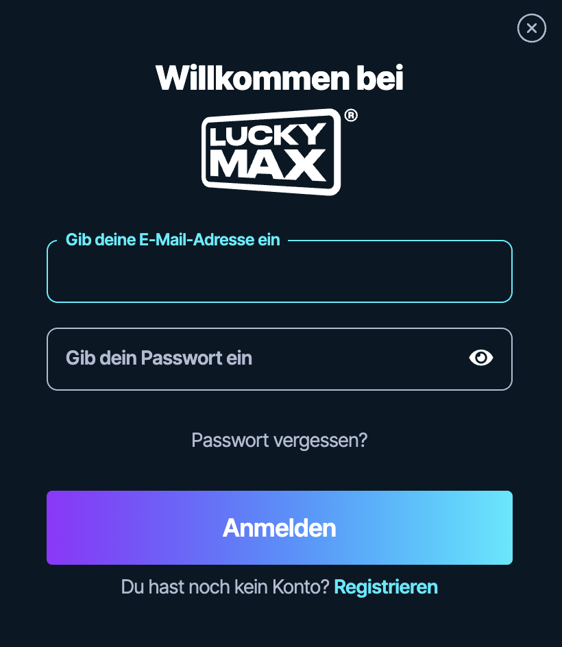 Luckymax Login-Formular mit E-Mail- und Passwortfeldern sowie Anmelden-Button